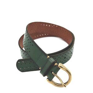 Fossil Green Perforated Leather Belt Brass Buckle Wide Size M Modern Heritage